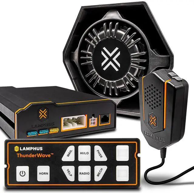 Main image of LAMPHUS ThunderWave 100W Emergency Police Siren Speaker Kit [Remote Control][2x15A Aux Light Switch][Hands-Free Air Horn][Radio Broadcast] 12V Warning PA System for Emergency Vehicle Pickup Truck UTV