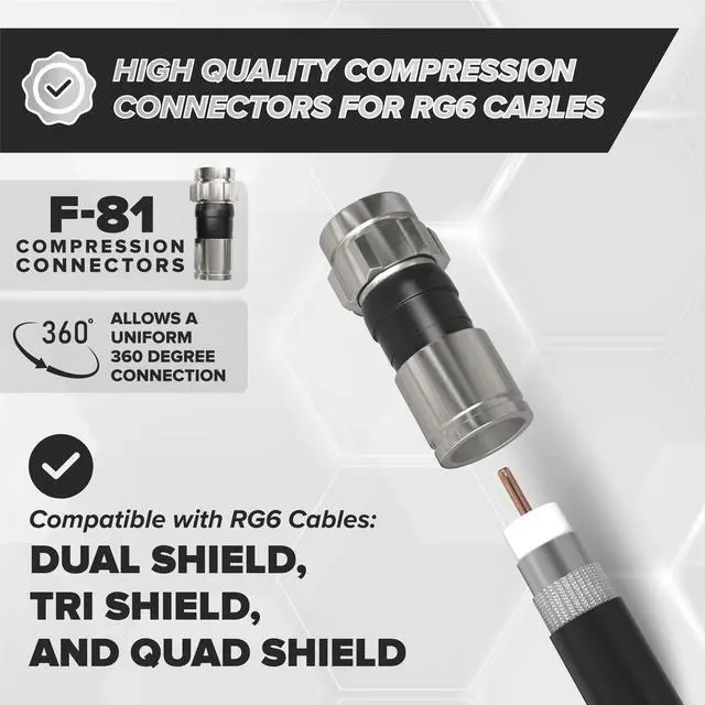 Alt view image 3 of 5 - THE CIMPLE CO Coaxial Cable Connector, 50 PCS, RG6 Compression Fitting, Water Tight O Ring, Indoor/Outdoor, F81, F-Type, 75 ohm, 3 ghz, Black