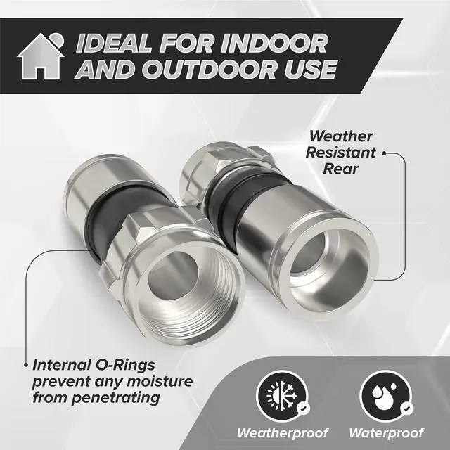 Alt view image 4 of 5 - THE CIMPLE CO Coaxial Cable Connector, 50 PCS, RG6 Compression Fitting, Water Tight O Ring, Indoor/Outdoor, F81, F-Type, 75 ohm, 3 ghz, Black