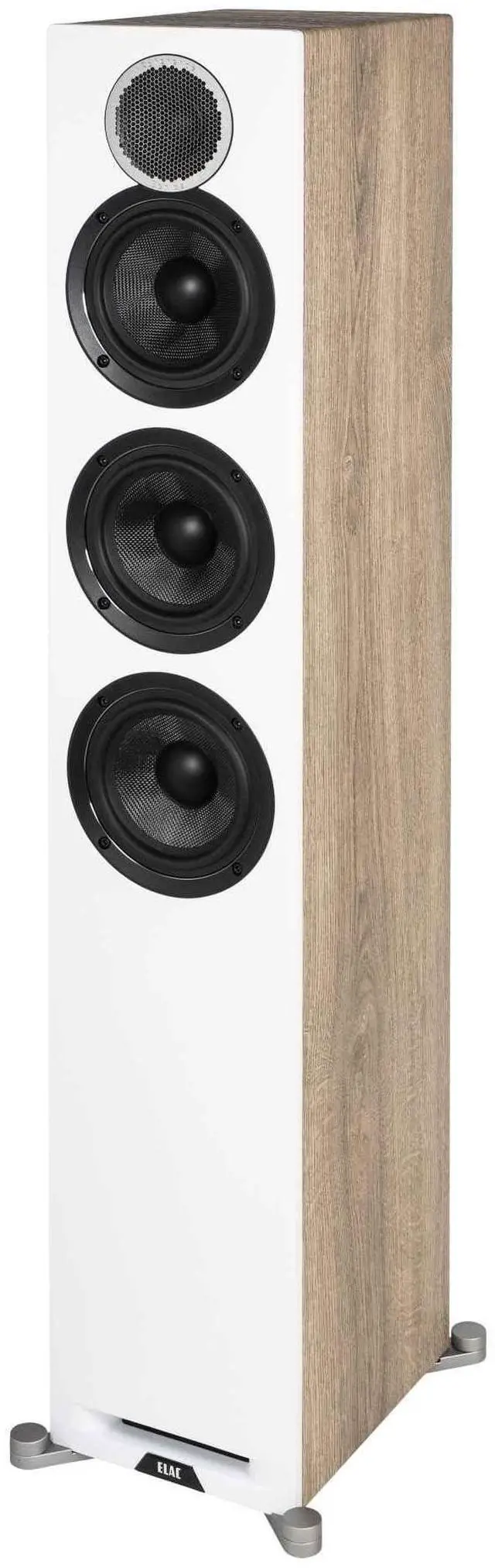 Main image of ELAC Debut Reference Floor Standing Speaker, Walnut or Oak Single Tower Speaker for Home Theater, White Baffle with Oak Sides