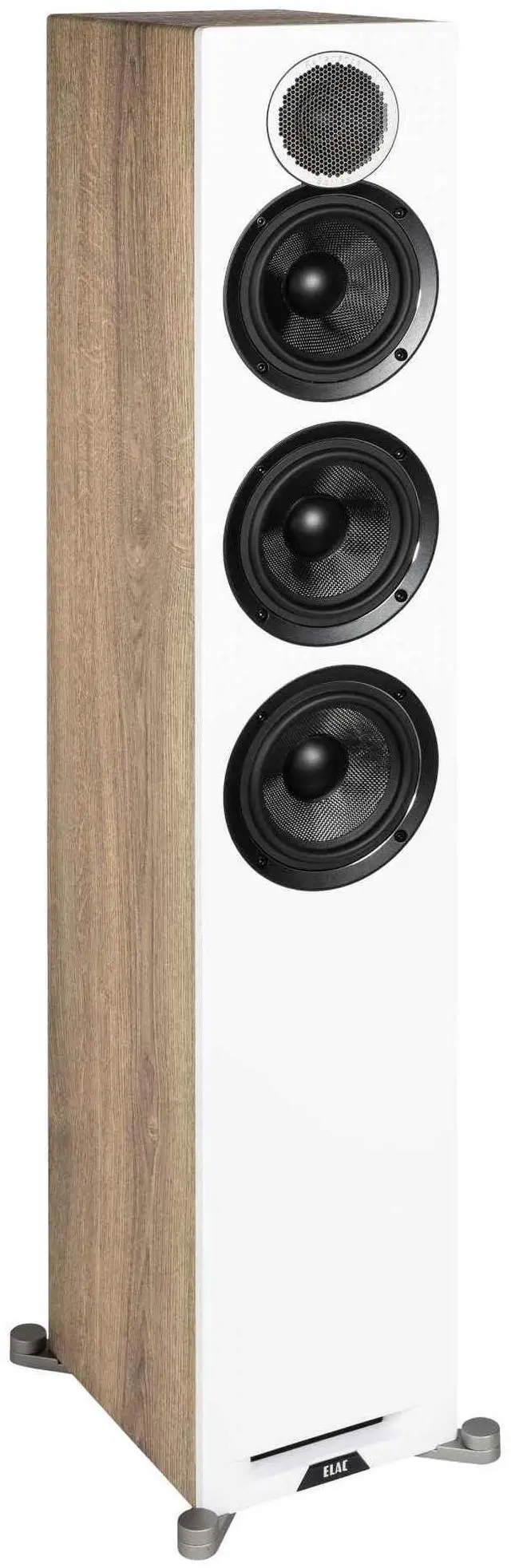 Alt view image 4 of 5 - ELAC Debut Reference Floor Standing Speaker, Walnut or Oak Single Tower Speaker for Home Theater, White Baffle with Oak Sides