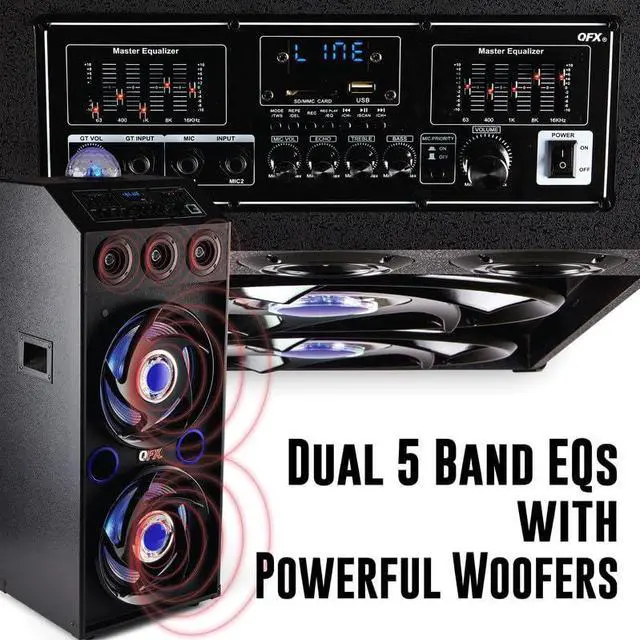 Alt view image 5 of 5 - QFX SBX-412207BT TWS Bluetooth Cabinet Speaker with Dual 12" Woofers, LED Party Lights, FM Radio, USB/TF Card Ports, Aux Input, Blue