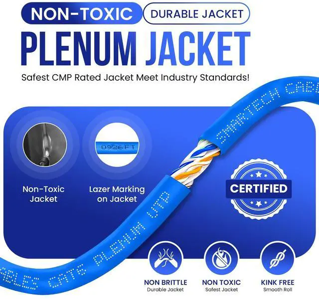 Alt view image 4 of 5 - Smartech Cables | CAT6 Plenum Cable 1000ft Blue | 23AWG, 550MHz UTP, 4Pair, 10GB Ethernet Cable | DSX-8000 Tested | Most Certified Plenum Rated Bulk Cat 6 Ethernet Cable (CMP) for Networking & Gaming