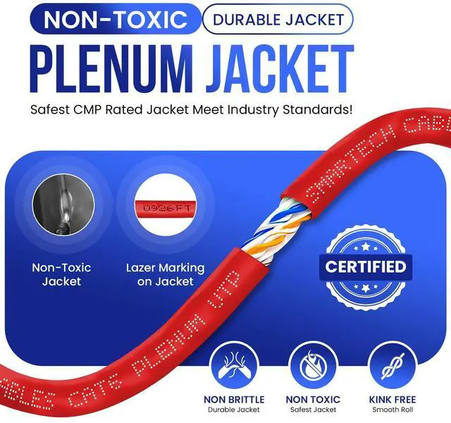 Alt view image 4 of 5 - Smartech Cables CAT6 Plenum Cable 1000ft (CMP) | Bulk Ethernet Cable 1000ft | 23 AWG, 550MHz 4Pair UTP 1GB Internet Cable | Quality Tested Ideal for Networking & Stable Performance (Red)