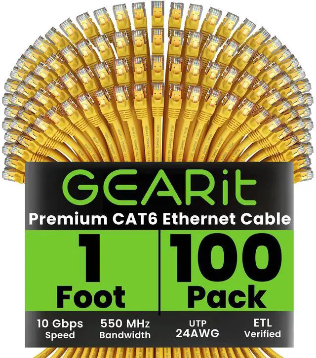 Main image of GEARit Cat 6 Ethernet Cable (100-Pack 1 Foot) Cat6 Network Patch, 10Gbps, RJ45, Snagless Cord, Gold-Plated Connectors, Internet for PC, TV, Tablet, Router, Printer, Servers, IT Data Center - Yellow