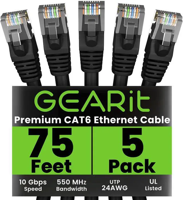 Main image of GEARit Cat 6 Ethernet Cable (5-Pack 75 Feet) Cat6 Network Patch, 10Gbps, RJ45, Snagless Cord, Gold-Plated Connectors, Internet for PC, TV, Tablet, Router, Printer, Servers, IT Data Center - Black
