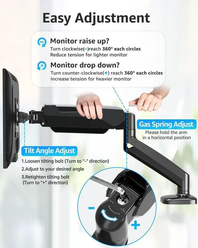 Alt view image 2 of 5 - MOUNTUP Single Monitor Desk Mount, Adjustable Gas Spring Monitor Arm Support Max 32 Inch Screen, Computer Monitors Stand with Clamp/Grommet Mounting Base, VESA Mounts Fit 4.4-17.6lbs Computer, Black