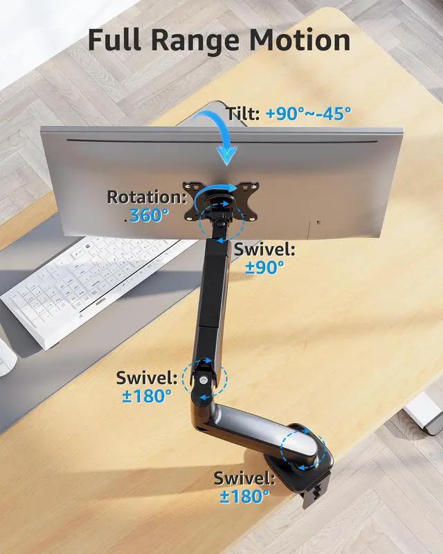 Alt view image 5 of 5 - MOUNTUP Single Monitor Desk Mount, Adjustable Gas Spring Monitor Arm Support Max 32 Inch Screen, Computer Monitors Stand with Clamp/Grommet Mounting Base, VESA Mounts Fit 4.4-17.6lbs Computer, Black