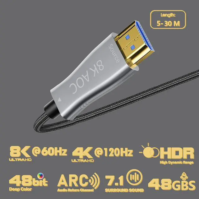 Alt view image 2 of 5 - Aieloar HDMI Fiber Optical Cable 15Ft, High Speed 48Gbps HDMI 2.1 Cord Support with 8K@60Hz 4K@120Hz Dynamic HDR10,eARC,HDCP2.2