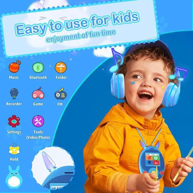 Alt view image 2 of 5 - BluKaSa 64GB MP3 Player for Kids, Kids MP3 Player with Bluetooth, Front Speaker, Games, Recorder, Ear Lights, Alarm, Kids Music Player Expandable Up to 128GB(Earbud, Aux Cable, Lanyard Included)