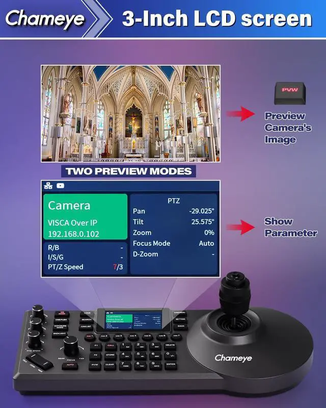 Alt view image 2 of 5 - Chameye PTZ Controller PoE 4D Joystick PTZ Camera Controller with 3 inch LCD Screen for Church Worship Live Streaming Network Keyboard E300