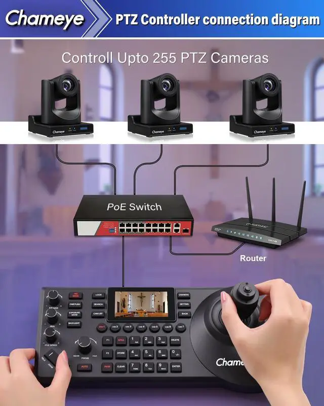 Alt view image 5 of 5 - Chameye PTZ Controller PoE 4D Joystick PTZ Camera Controller with 3 inch LCD Screen for Church Worship Live Streaming Network Keyboard E300