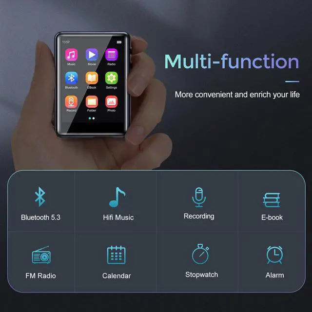 Alt view image 5 of 5 - MP3 Player with Bluetooth 5.3, Portable HiFi Lossless Sound Music Player with Speaker, Built-in 64GB Memory, FM Radio, Voice Recorder, E-Book, 2.4 in Full Touchscreen, Supports up to 128GB TF Card