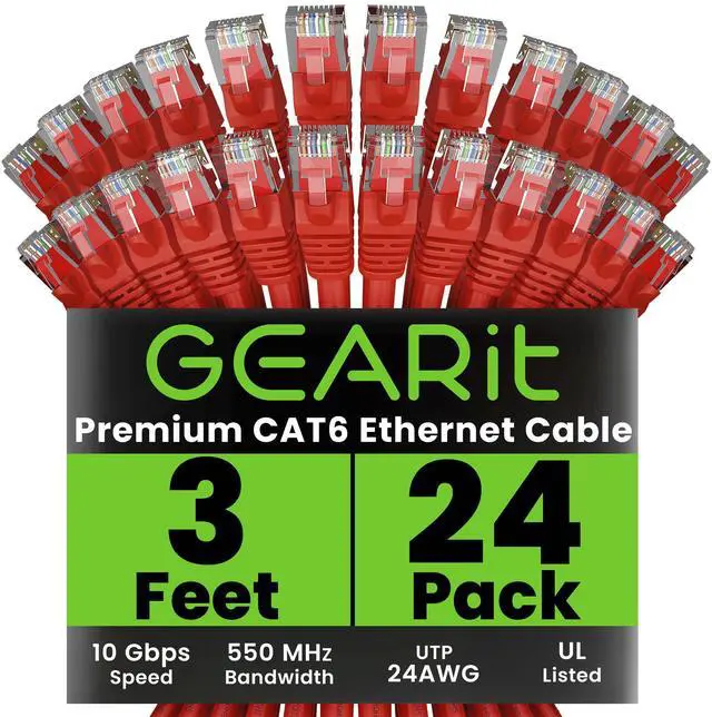 Main image of GearIT Cat 6 Ethernet Cable (24-Pack 3 Feet) Cat6 Network Patch, 10Gbps, RJ45, Snagless Cord, Gold-Plated Connectors, Internet for PC, TV, Tablet, Router, Printer, Servers, IT Data Center - Red