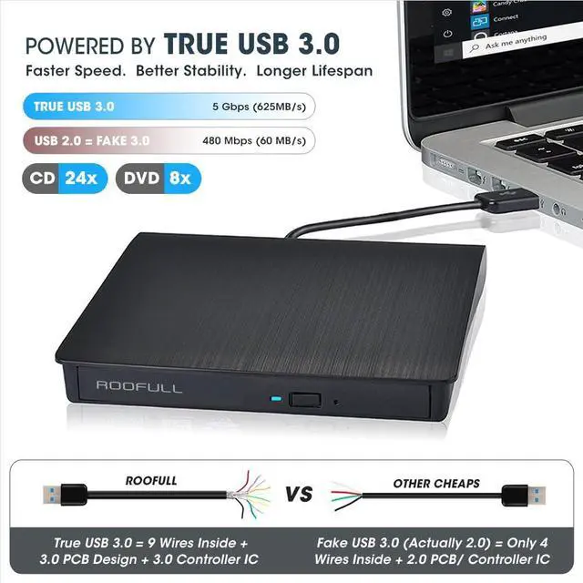 Alt view image 3 of 5 - ROOFULL External CD DVD Drive for Laptop, USB 3.0 Portable CD/DVD-ROM +/-RW Optical Disk Player Reader Writer Burner with Protective Carrying Case for Laptop PC Mac, Windows 11/10/8/7, Linux Computer