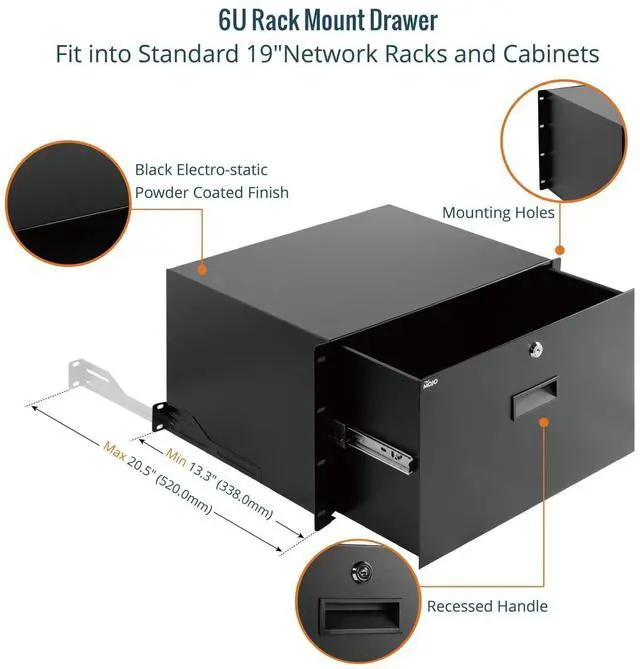 Alt view image 4 of 5 - Tecmojo 6U Rack Drawer,Rack Mount Drawer for 19in Network Equipment/Server/AV Rack or Cabinet Enclosure,Sliding and Lockable Server Rack Drawer - Load-Bearing 44lb (20kg),with Cable Management Holes