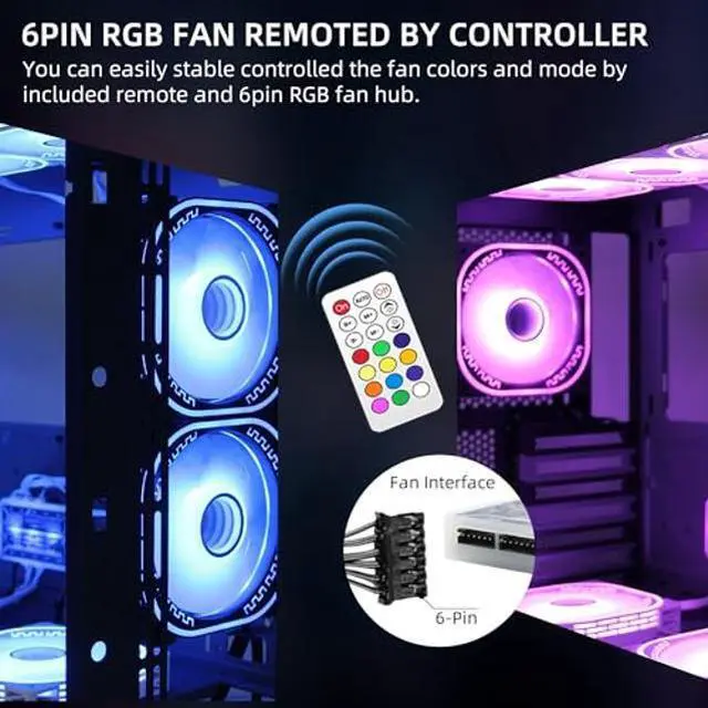 Alt view image 3 of 5 - 120mm RGB PC Case Fans 3 Pack with Adjustable Color Controlled by Remote - 12V Quiet Gaming Computer LED CPU Cooler Chassis Fans Black