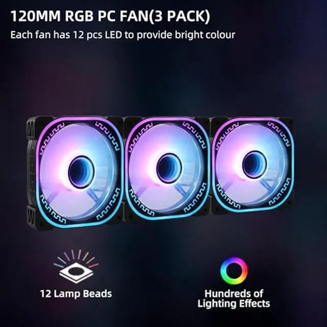 Alt view image 2 of 5 - 120mm RGB PC Case Fans 3 Pack with Adjustable Color Controlled by Remote - 12V Quiet Gaming Computer LED CPU Cooler Chassis Fans Black