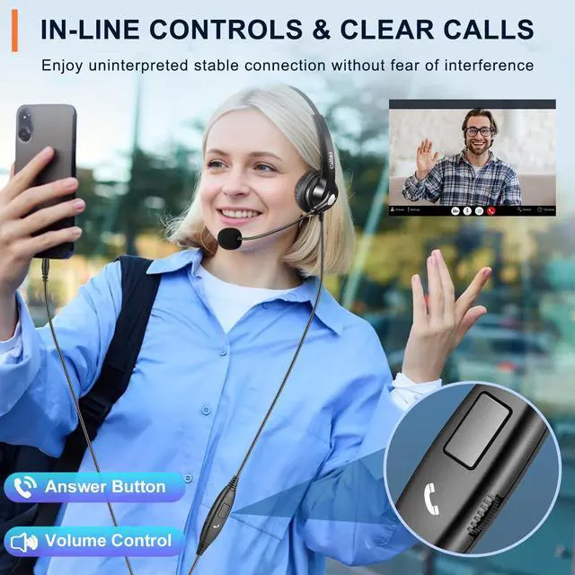 Alt view image 5 of 5 - Callez Computer Headset, 3.5mm Cell Phone Headset with Mic Noise Cancelling, Wired Headphone for PC Laptop Tablet iPhone Android Call Center Home Office Work, in-line Controls
