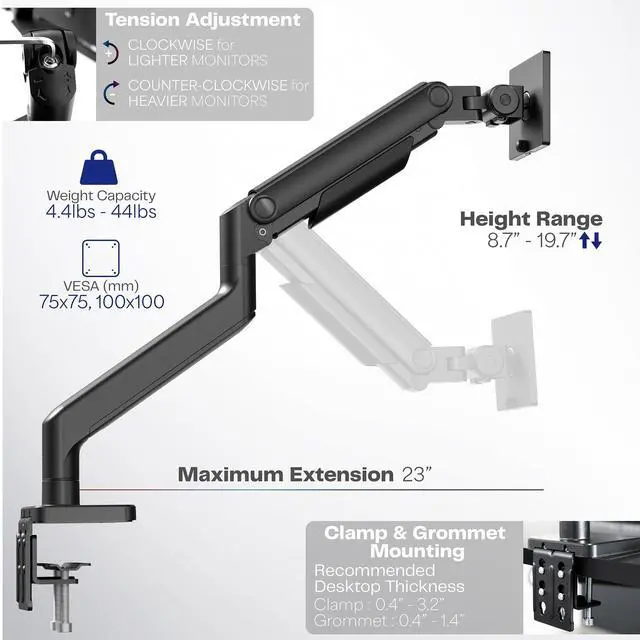 Alt view image 4 of 5 - VIVO Heavy Duty Aluminum Ultrawide Monitor Tension Arm for up to 49 inch Screens, Holds 44 lbs, Premium Desk Mount Stand Designed for Samsung Odyssey G9 and More, Black, STAND-V101V