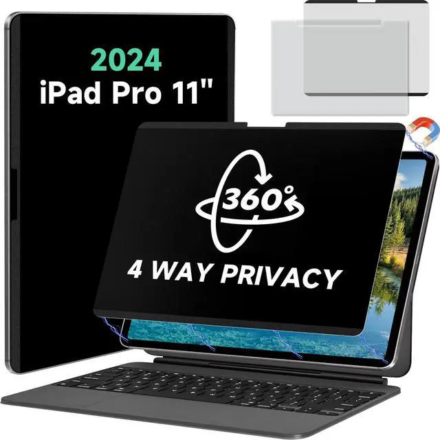 Main image of Magnetic 360° Privacy Screen Protector for iPad Pro 11 Inch 2024 M4 (5th Generation) Case Friendly Blue light Blocker Anti-glare Filter, Removable Film Support Apple Pencil-A2836 / A2837 / A3006