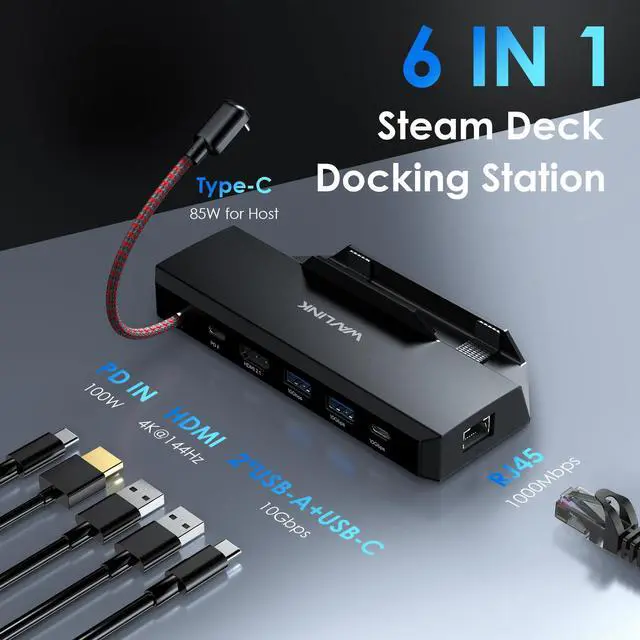 Alt view image 2 of 5 - Steam Deck Dock, WAVLINK 6-in-1 Docking Station for Steam Deck/ROG Ally/Legion Go with 4K@144Hz HDMI 2.1, 100W PD in, 3X 10G USB 3.2, Gigabit RJ45