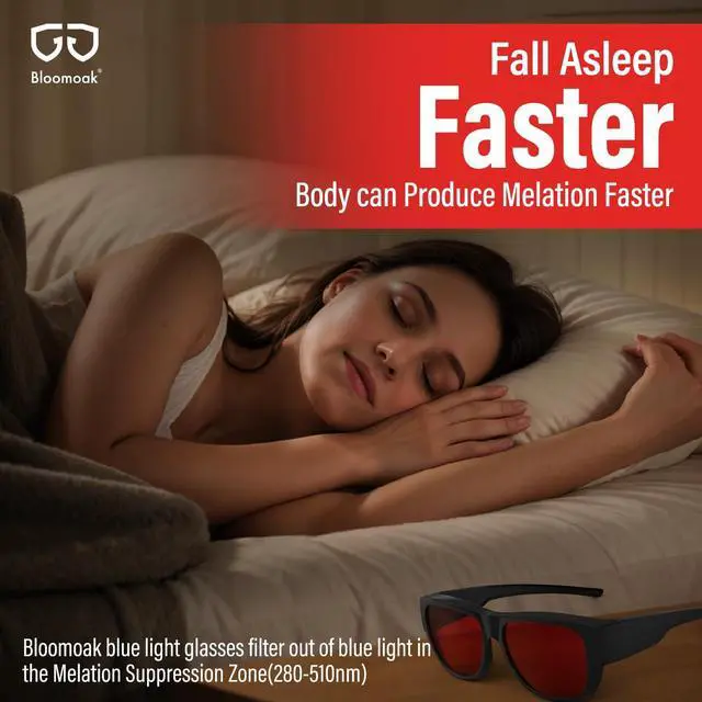 Alt view image 2 of 5 - Bloomoak 99% Blue Light Blocking Glasses-Amber Lens-Fit Over Prescription & Reading Glasses, Anti Glare for Better Sleep (red - 100% - L)