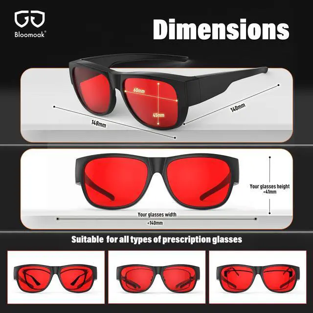 Alt view image 5 of 5 - Bloomoak 99% Blue Light Blocking Glasses-Amber Lens-Fit Over Prescription & Reading Glasses, Anti Glare for Better Sleep (red - 100% - L)