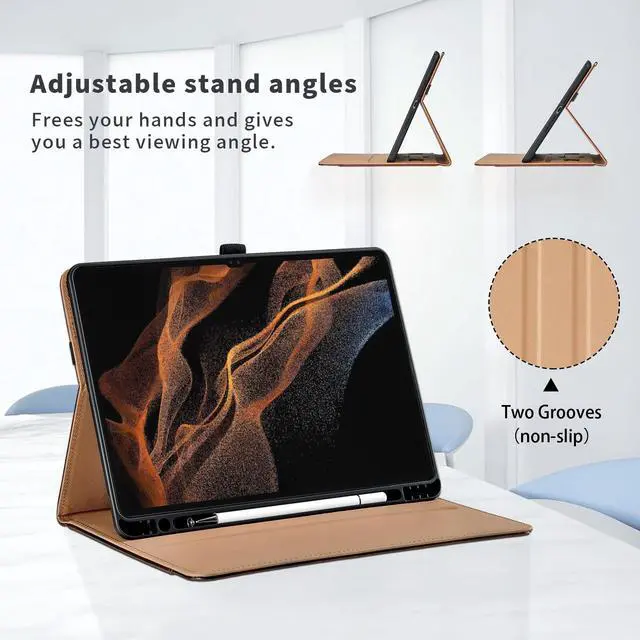 Alt view image 3 of 5 - Case for Samsung Galaxy Tab S8 Ultra 14.6" 2022 (SM-X900/X906) - PU Leather Folio Case with S Pen Holder and Pocket, Auto Wake/Sleep Smart Tablet Cover, Red