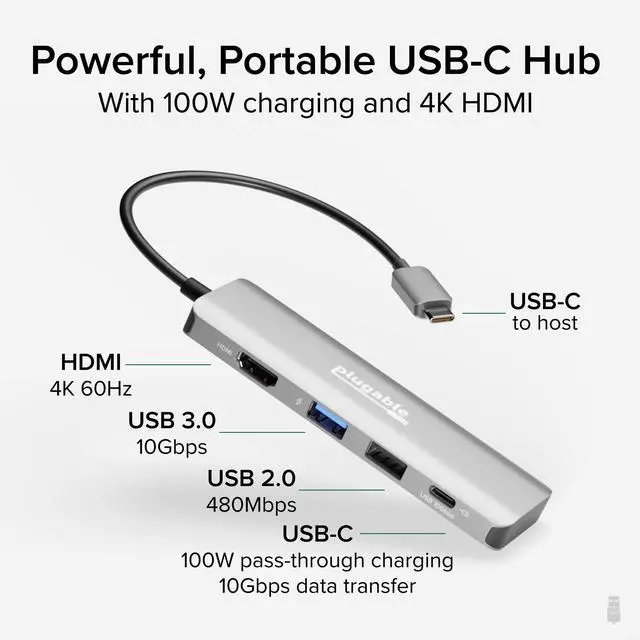 Alt view image 2 of 5 - Plugable USB C Hub Multiport Adapter, 4 in 1, 100W Pass Through Charging, USB C to HDMI 4K 60Hz, Multi USB Port Hub for Windows, Mac, Ipad Pro, Chromebook, Thunderbolt (USBC-4IN1)