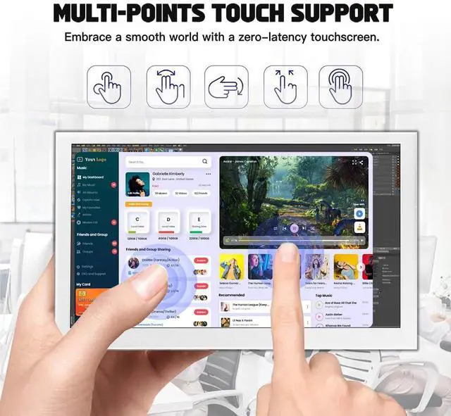 Alt view image 5 of 5 - LESOWN Small Monitor 7 inch 1024x600 IPS Capacitive Touch 7" HDMI Wide Screen Portable LCD Display with Speakers for Raspberry Pi Laptop White