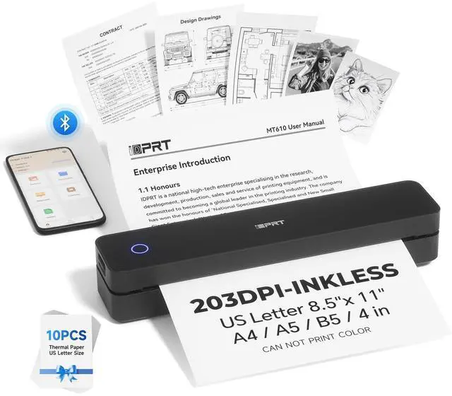 Main image of iDPRT Portable Printer Wireless for Travel - 203DPI Bluetooth Mobile Printer Support for 8.5"x11" US Letter, Inkless Compatible with iOS, Android, Laptop for Office, Car and Home, School