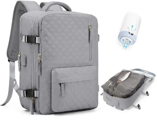 Main image of Travel Vacuum Storage Backpack with Air Pump Vacuum Seal Compression Space Saver Bags Clothing Vacpack Airback 18x14x8 inches Travel Bag Carry on Personal item Laptop Work Backpacks Women Men Grey