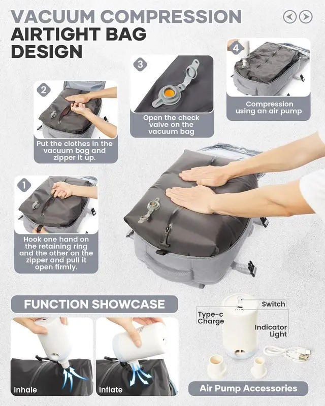 Alt view image 2 of 5 - Travel Vacuum Storage Backpack with Air Pump Vacuum Seal Compression Space Saver Bags Clothing Vacpack Airback 18x14x8 inches Travel Bag Carry on Personal item Laptop Work Backpacks Women Men Grey