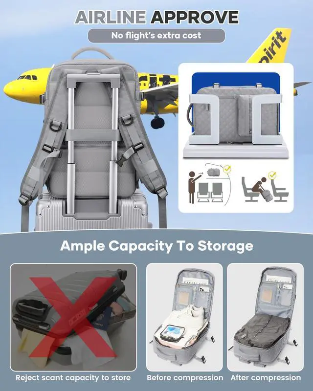 Alt view image 4 of 5 - Travel Vacuum Storage Backpack with Air Pump Vacuum Seal Compression Space Saver Bags Clothing Vacpack Airback 18x14x8 inches Travel Bag Carry on Personal item Laptop Work Backpacks Women Men Grey