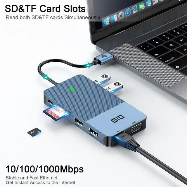 Alt view image 5 of 5 - USB Docking Station GIQ USB C HUB USB 3.0 to Dual HDMI VGA Adapter Triple Display USB C Laptop Docking Station Dual Monitor HDMI Splitter Extender Compatible with MacBook M1 M2 USB Dock-Blue