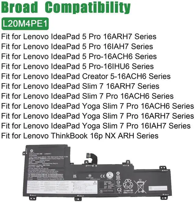 Alt view image 4 of 5 - JIAZIJIA L20M4PE1 Laptop Battery Replacement for Lenovo IdeaPad 5 Pro-16ACH6 Pro-16IHU6 Creator 5-16ACH6 Series SB11B66551 5B11B66552 SB11N52009 5B11N52045 L20L4PE1 SB11B66556 L20C4PE1 15.36V 75Wh