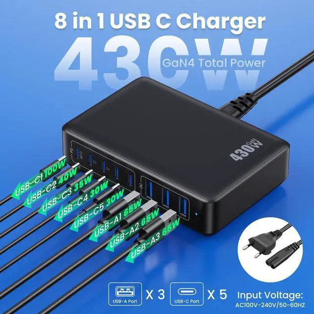 Alt view image 2 of 5 - USB C Charger 430W USB C Charger Block 8-Ports GaN IV Fast Charging Station,PD 100W Laptop Charging Hub Wall Adapter Compatible with MacBook/Air,DELL,Steam Desk,iPhone 16/15/14,Galaxy S24 etc