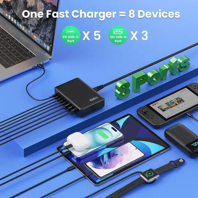 Alt view image 3 of 5 - USB C Charger 430W USB C Charger Block 8-Ports GaN IV Fast Charging Station,PD 100W Laptop Charging Hub Wall Adapter Compatible with MacBook/Air,DELL,Steam Desk,iPhone 16/15/14,Galaxy S24 etc