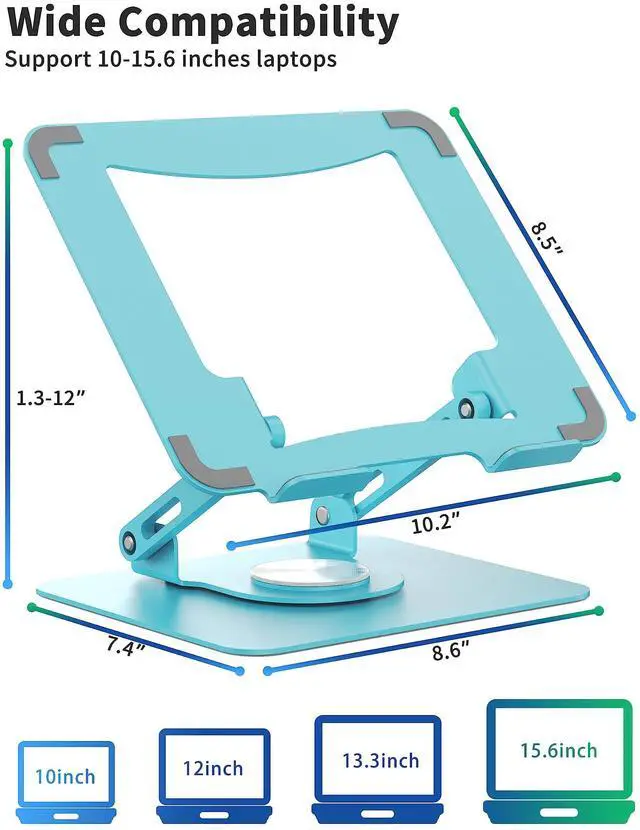 Alt view image 3 of 4 - SOUNDANCE Laptop Stand with 360° Rotating Base, Ergonomic Computer Riser for Desk, Adjutable Height Muti-Angle, Foldable Laptop Mount, Stable Metal Holder Support 10-15.6" Notebook PC, Blue