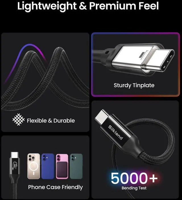 Alt view image 4 of 5 - Silkland USB 4 Cable for Thunderbolt 4 [10FT/3M], 40Gbps Data Sync, 8K/5K@60Hz, 240W Fast Charging, USB C Thunderbolt Cable, Compatible for MacBook, iPhone 16, iPad, SSD, Docking, eGPU, Black