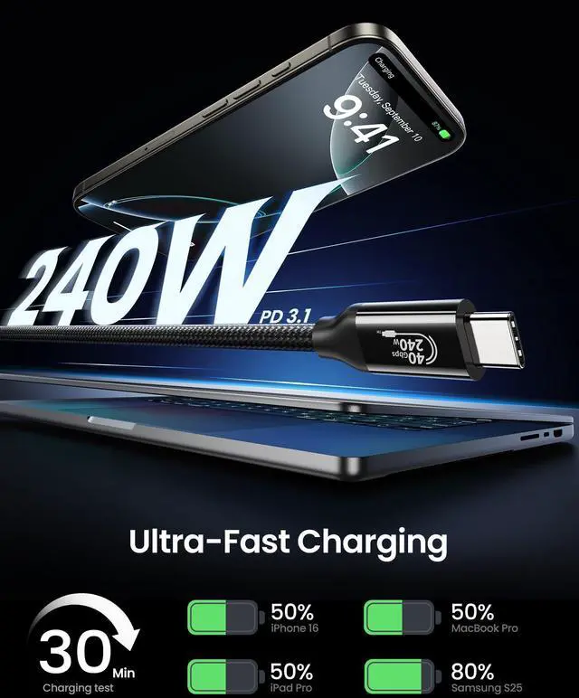 Alt view image 5 of 5 - Silkland USB 4 Cable for Thunderbolt 4 [10FT/3M], 40Gbps Data Sync, 8K/5K@60Hz, 240W Fast Charging, USB C Thunderbolt Cable, Compatible for MacBook, iPhone 16, iPad, SSD, Docking, eGPU, Black