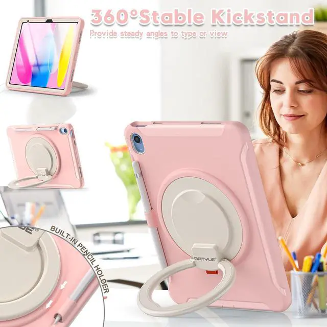 Alt view image 3 of 5 - BATYUE Case for iPad (A16) 11th/10th Generation 10.9'' inch 2025/2022, Rugged Protective Shockproof Cover for Kids Girls with Screen Protector, 360° Rotating Stand, Pencil Holder, Cheery Pink