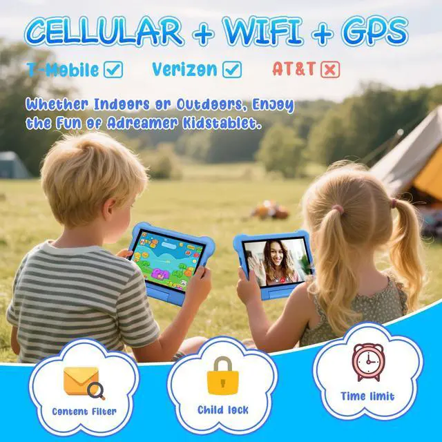 Alt view image 2 of 5 - ADREAMER Tablet for Kids 10 inch Android 13 with Octa Core 64GB, Cellular+WiFi+GPS, Parental Control, Pre-intalled iWaWa, EVA Case, 6000mAh, Kids Tablet with SIM Card Slot.