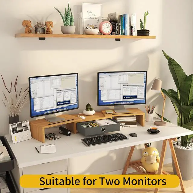 Alt view image 3 of 5 - WESTREE Dual Monitor Stand Riser with Drawer - Adjustable Length and Angle, 2 Phone Hold, Desktop Organizer for Computer/Laptop/PC/Printer