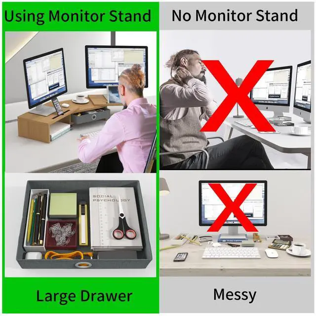 Alt view image 5 of 5 - WESTREE Dual Monitor Stand Riser with Drawer - Adjustable Length and Angle, 2 Phone Hold, Desktop Organizer for Computer/Laptop/PC/Printer