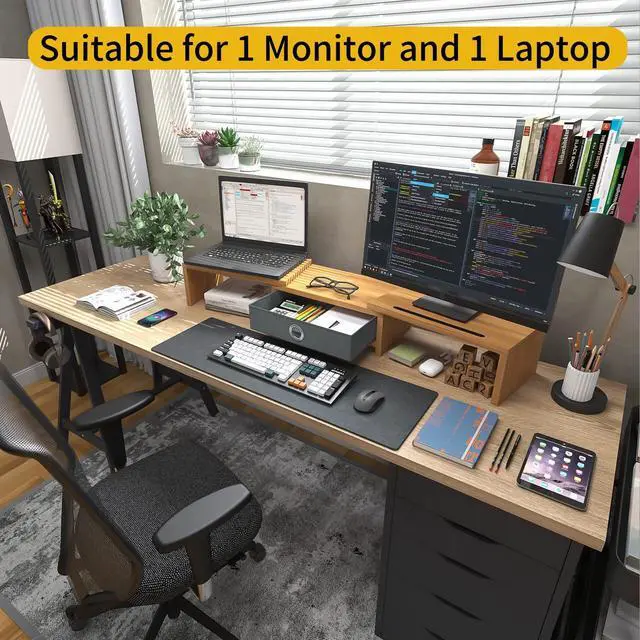 Alt view image 4 of 5 - WESTREE Dual Monitor Stand Riser with Drawer - Adjustable Length and Angle, 2 Phone Hold, Desktop Organizer for Computer/Laptop/PC/Printer