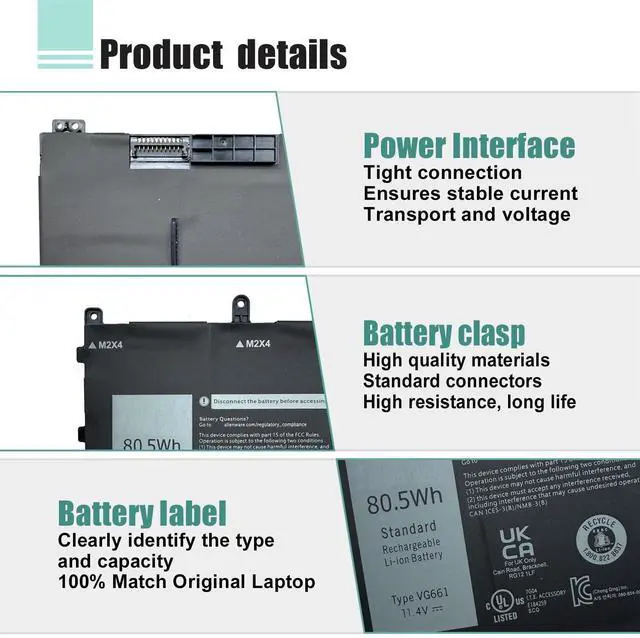 Alt view image 4 of 5 - BOWEIRUI VG661 80.5Wh Battery Replacement for Dell Alienware X14 R1 Alienware X14 R2 Serie Notebook 0GD3C9 GD3C9 0V4N84 V4N84 6709mAh