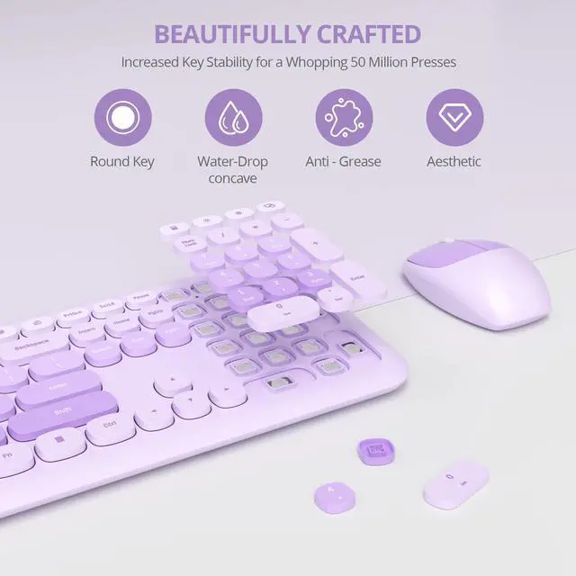 Alt view image 3 of 5 - Surmen Cute Purple Keyboard and Mouse Wireless Silent, Full-Size Retro Typewriter Wireless Quiet Keyboard Mice Set Low-Noise 2.4GHz for Computer, Desktop, Laptop(6-Diary Purple)