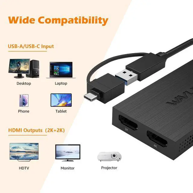 Alt view image 4 of 5 - WAVLINK USB 3.0 or USB C to HDMI Adapter for Dual Monitors, Dual 1080p@60Hz Universal Video Graphics USB to Dual HDMI Adapter for USB 3.0 or USB-C, Thunderbolt 3/4, USB 4, Windows, Mac OS